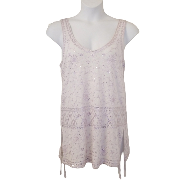 Calypso St Barth Top Tunic Size M Embellished Tasseled White Lilac